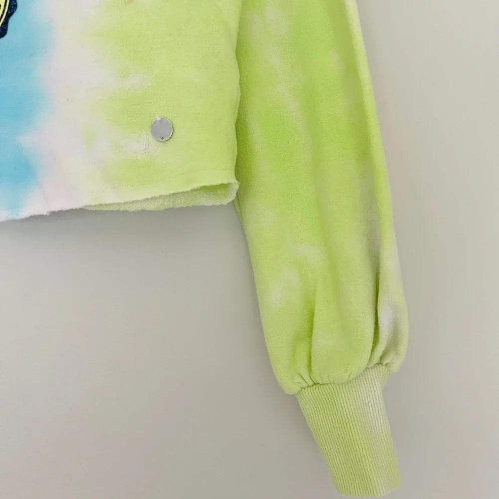 Justice Athletic Club Girl Tie Dye Cropped Sweatshirt Blue Green Glitter Logo XS